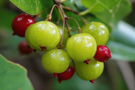 Sauropus androgynus star gooseberry Pak wan Tree features vibrant large round light green fruits with red tips clustered on a single stalk beneath green leaves Close up view