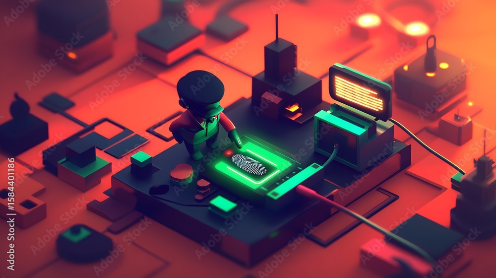Poster digital authentication process in a low-poly style.