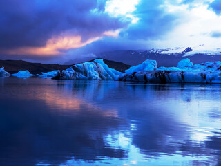 Iceberg formations in the Glacial Lagoon in Iceland, at sunset