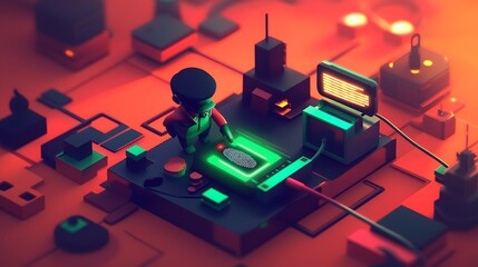 Digital authentication process in a low-poly style.