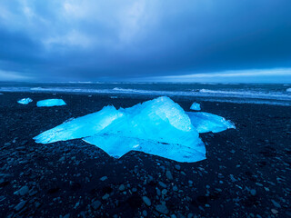 Iceberg formations in the Glacial Lagoon in Iceland, at sunset