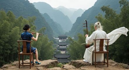 In the valley, a silver-haired old man in a white robe and a young girl in a blue cheongsam are sitting in a master's chair, playing an erhu and a flute respectively.