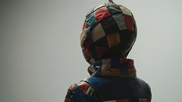 A figure wearing a patchwork jacket and head covering against a plain background