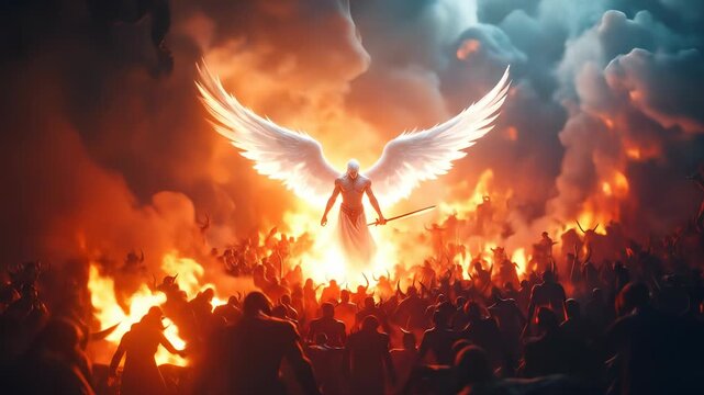 Epic confrontation of celestial guardian amidst inferno, a digital depiction of light versus darkness