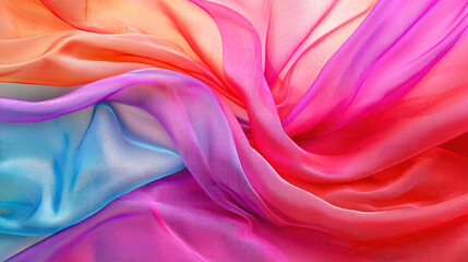 Fototapeta premium A colorful, flowing piece of fabric with a gradient of pink, purple, and orange hues, draped over a white background.