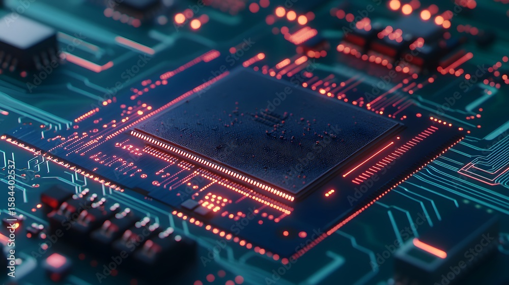 Poster close-up view of a computer circuit board with a central processing unit.