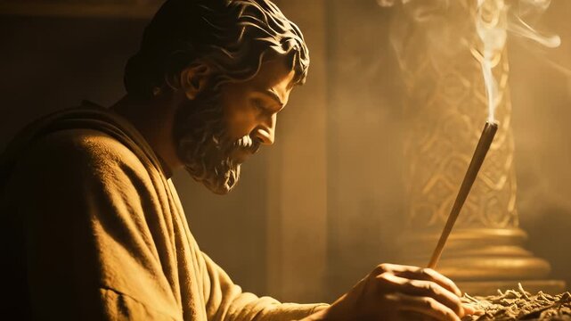 Man lighting incense stick in ornate golden interior creating a serene atmosphere