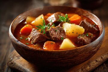 A dish of meat stew on a wooden surface