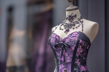 A dress form clad in purple and black attire
