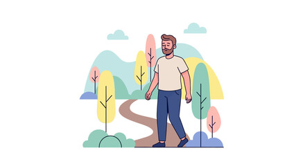 Man Walking on a Path in a Colorful Cartoon Forest.