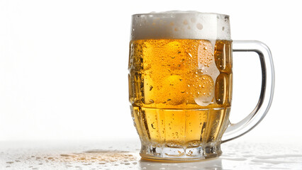 Cold beer in steamed mug on white surface in white background