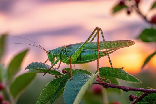 A Green Bush cricket rests on a chokeberry leaf under the sunset