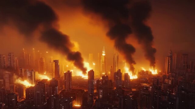 Burning city skyline at night with massive fires and thick smoke rising, depicting a powerful apocalyptic urban destruction scene.