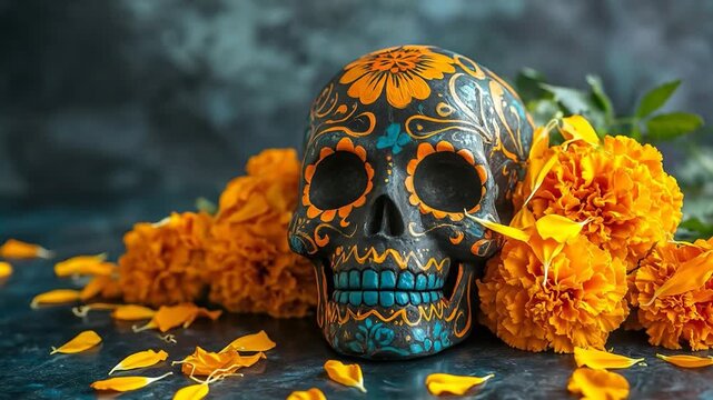 Black skull with orange floral patterns and marigolds