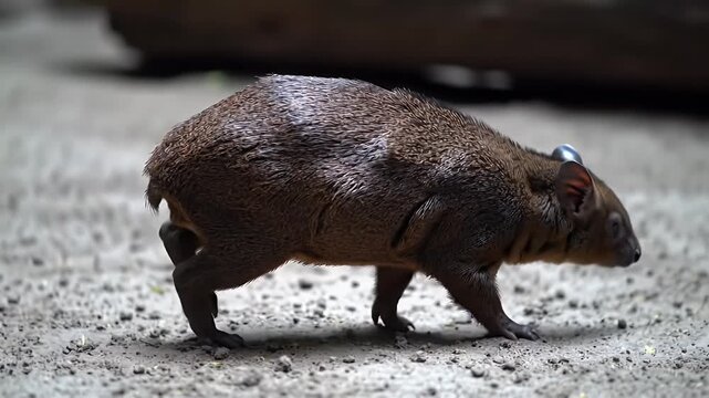 Lowland Paca or Agouti Walking on Sandy Ground in Natural Habitat or Zoo Enclosure, Showing Its Stocky Brown Body