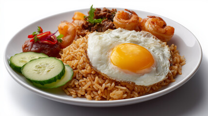 Indonesian nasi goreng (fried rice) with egg, chicken, shrimp, and pickles.