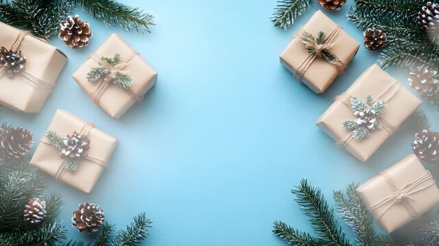 Christmas gifts wrapped in brown paper with pine cones and branches