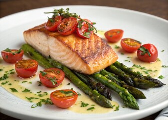 Grilled salmon steak served with fresh vegetables on a plate for a healthy meal
