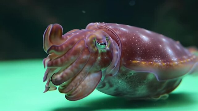 Close-up of a fascinating cuttlefish swimming gracefully underwater in an aquarium, showcasing its unique skin patterns and large expressive eyes