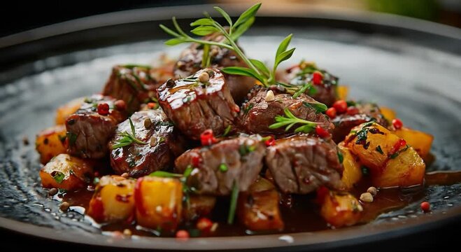 Closeup of beef cubes with roasted vegetables and herbs on a dark plate