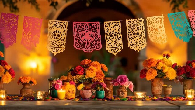 Colorful Dia de los Muertos altar with papel picado and marigolds