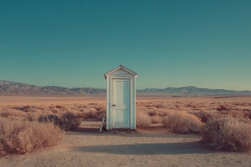 A solitary restroom awaits intruders in the desert