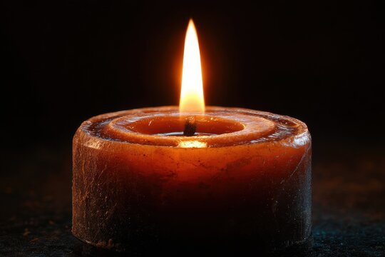 A solitary candle flickers in the dark night evoking a sense of spirituality