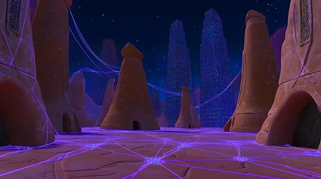 Ancient city with futuristic skyscrapers at night. - Powered by Adobe