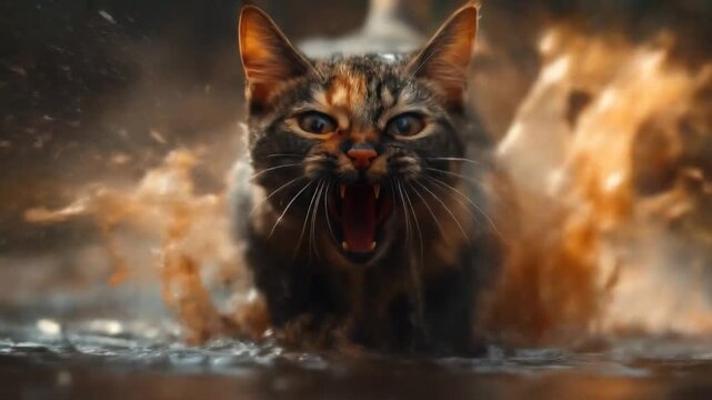 Ferocious cat with open mouth in water and mist