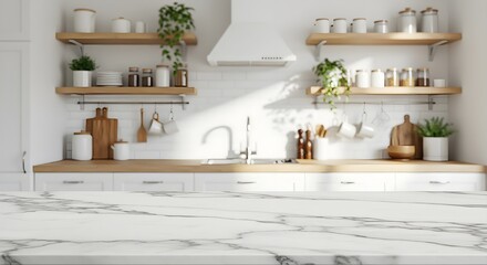 A marble countertop with blurred of a bright, modern kitchen. The soft focus on the interior background highlights. making it ideal for showcasing kitchen-related products.