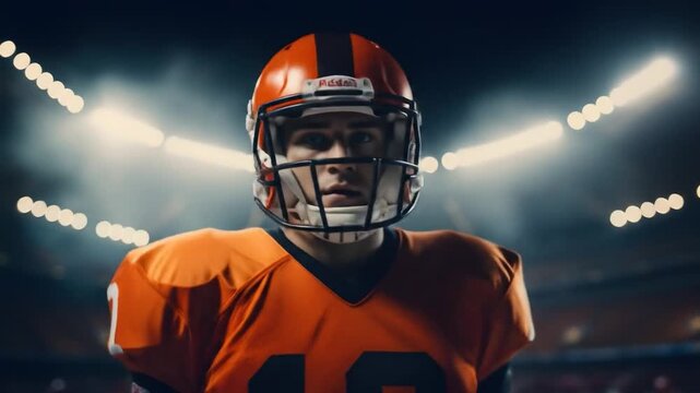 Football player in uniform on a stadium field under bright lights