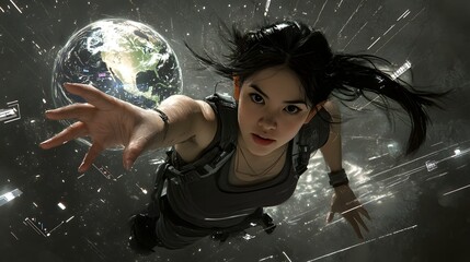 Naklejka premium A woman in futuristic gear reaching out in a cosmic setting.