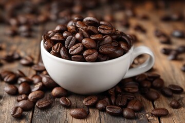 Fototapeta premium A white cup holds multiple roasted coffee beans placed on a wooden table