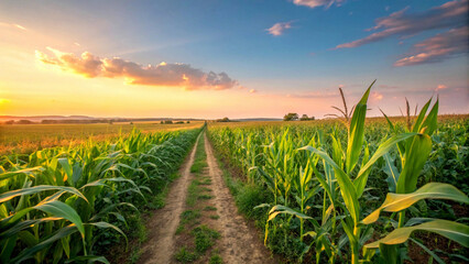 Panoramic view of Corn plant in field in sunset time, Corns in field in natural background