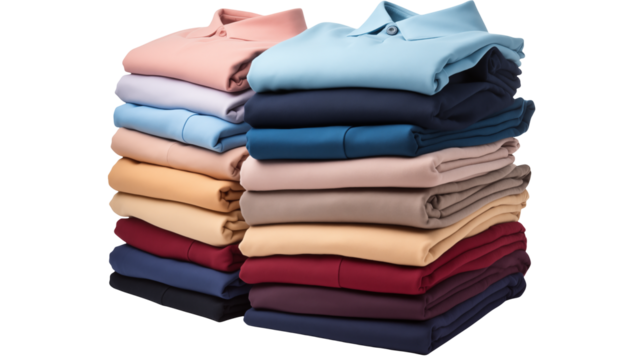Folded polo shirts in a stack exhibit neatness and an array of pleasing colors isolated on transparent background