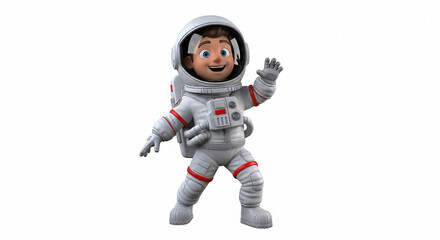 Fototapeta premium 3D Cartoon boy astronaut waving hello in white spacesuit with red accents character
