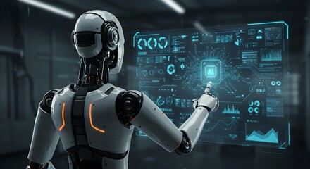 Design of a smart humanoid robot with artificial intelligence touching a hologram digital interface screen background