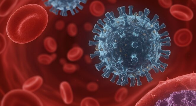 Microscopic enlargement of blue virus among red Blood cells in Artery - floating cells in body -covid, influenza, sars, corona, hiv, mers, cholera, variola, measles - disease organisms.