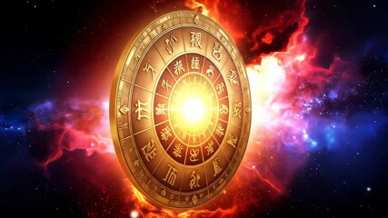 Mystical Golden Zodiac Wheel with Cosmic Nebula Background for Astrology Concept