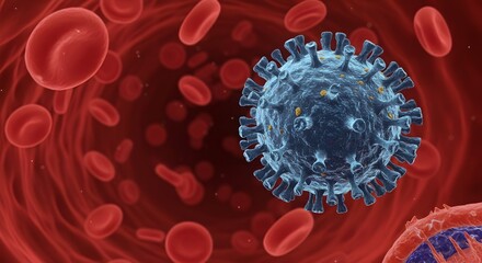 Microscopic enlargement of blue virus among red Blood cells in Artery - floating cells in body -covid, influenza, sars, corona, hiv, mers, cholera, variola, measles - disease organisms.