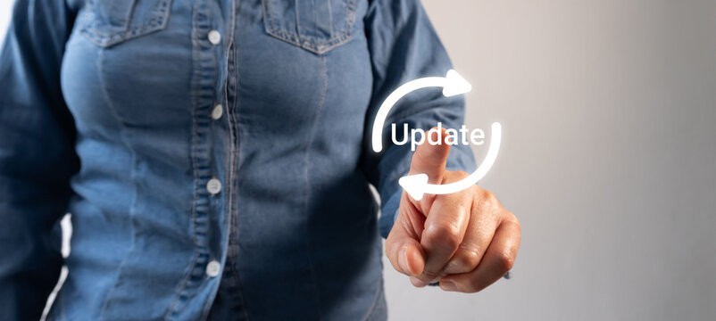 Update concept. A woman taps "Update" with her finger, showing a circular arrow symbol and another arrow pointing at it.