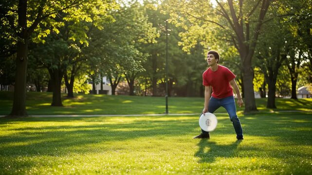 Young man throwing frisbee in a sunlit park surrounded by lush greenery in a tranquil outdoor setting