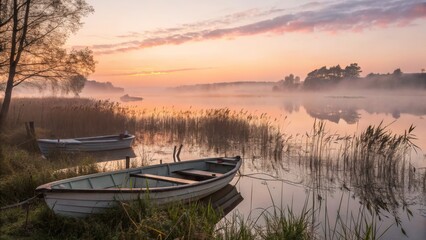 Sunrise Serenity Two Boats on Misty Lake, Landscape Photography, Peaceful Dawn, Nature Lake, Boats