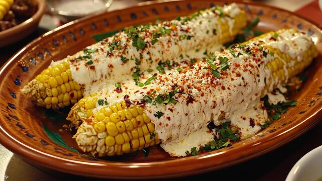 Creamy, spiced corn on the cob, served on a rustic, patterned plate