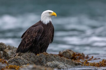Fototapeta premium Bald eagle perched on rocky point amidst rough waters large black bird with white head and yellow beak on BC s wavy shoreline