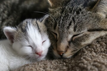 Naklejka premium baby cat snuggles with mom