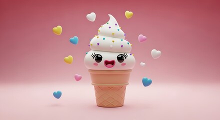A whimsical ice cream cone character with heart accents against a soft pink background scene