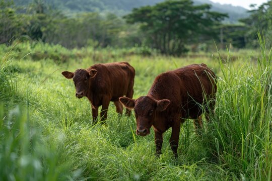 Two young cachena cows peacefully graze in a verdant field highlighting their small stature and reddish brown fur