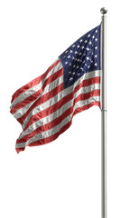 United States Flag Waving on Metal Flagpole Against Transparent Backdrop Stars and Stripes Patriotic Symbol for Compositing, PNG