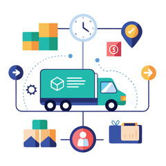 Logistics and delivery process concept illustrated with truck and related icons
